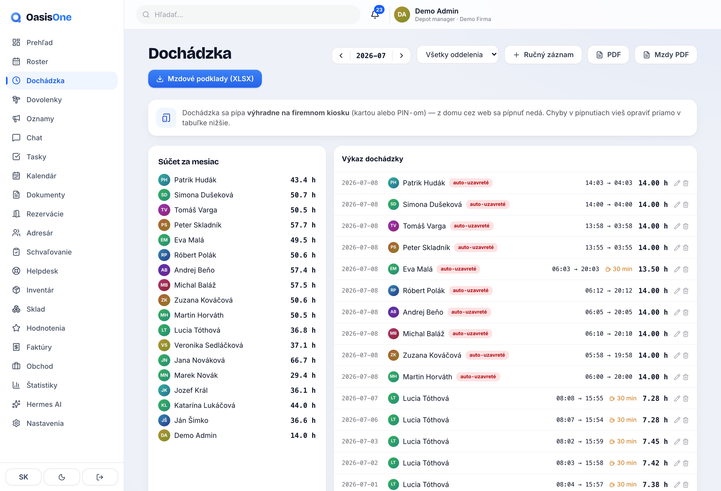 OasisOne — mesačná dochádzka s príchodmi, odchodmi, prestávkami a nadčasmi