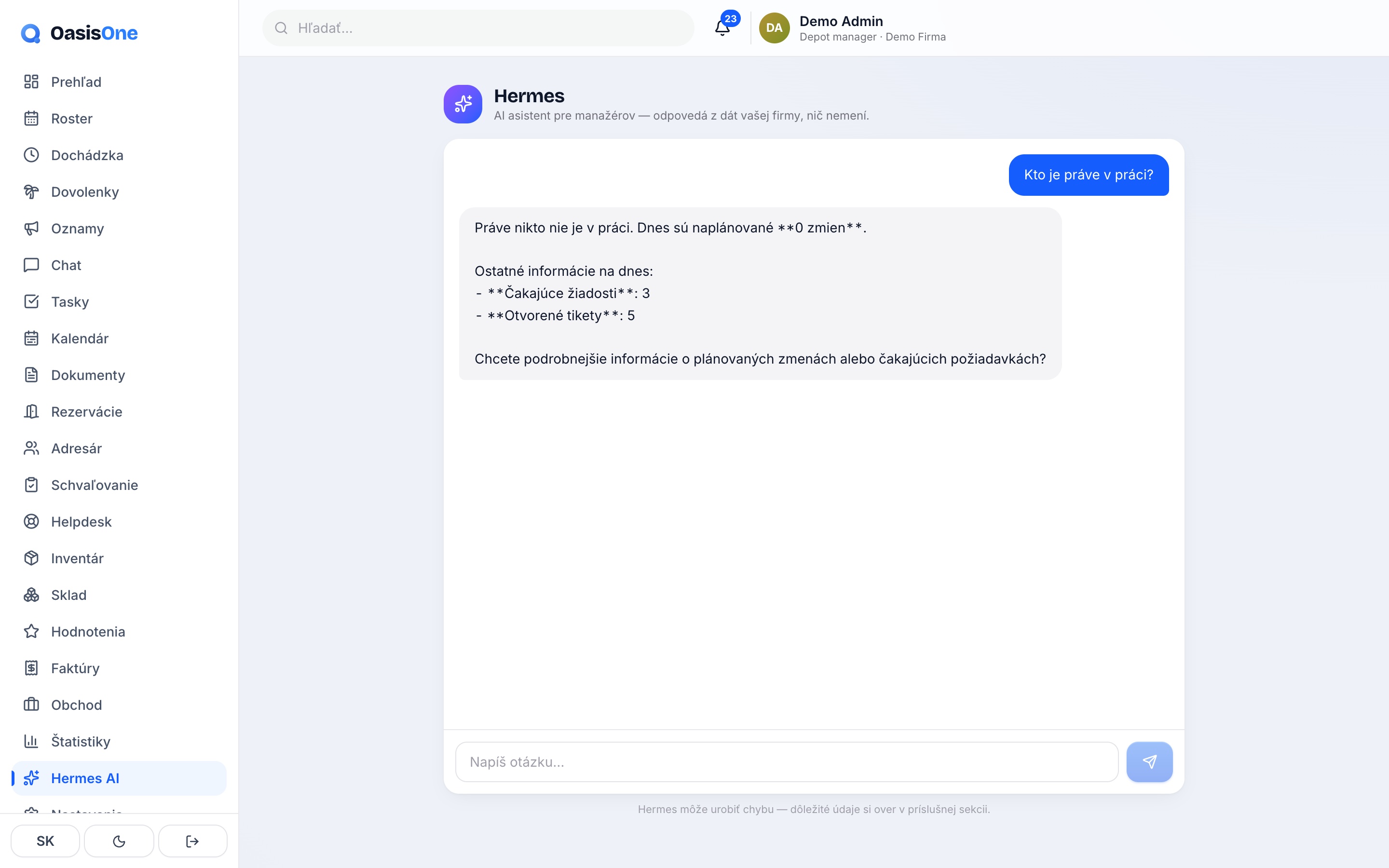 Hermes AI asistent odpovedá manažérovi na otázku kto je v práci z reálnych dát firmy